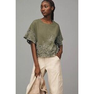 By Anthropologie Boxy Cutwork Tee Blouse Top Floral Embroidered Cotton S 280424